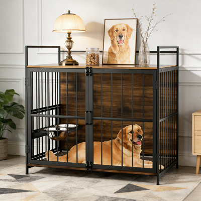 Mobilier de cage robuste pour chien avec mangeoire réglable et bol