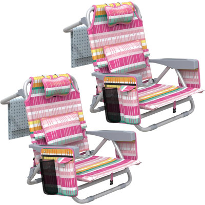 Chaise de plage à dossier inclinable, chaises de plage pliantes portatives avec 5 positions réglables, glacière intégrée et sangles de sac à dos