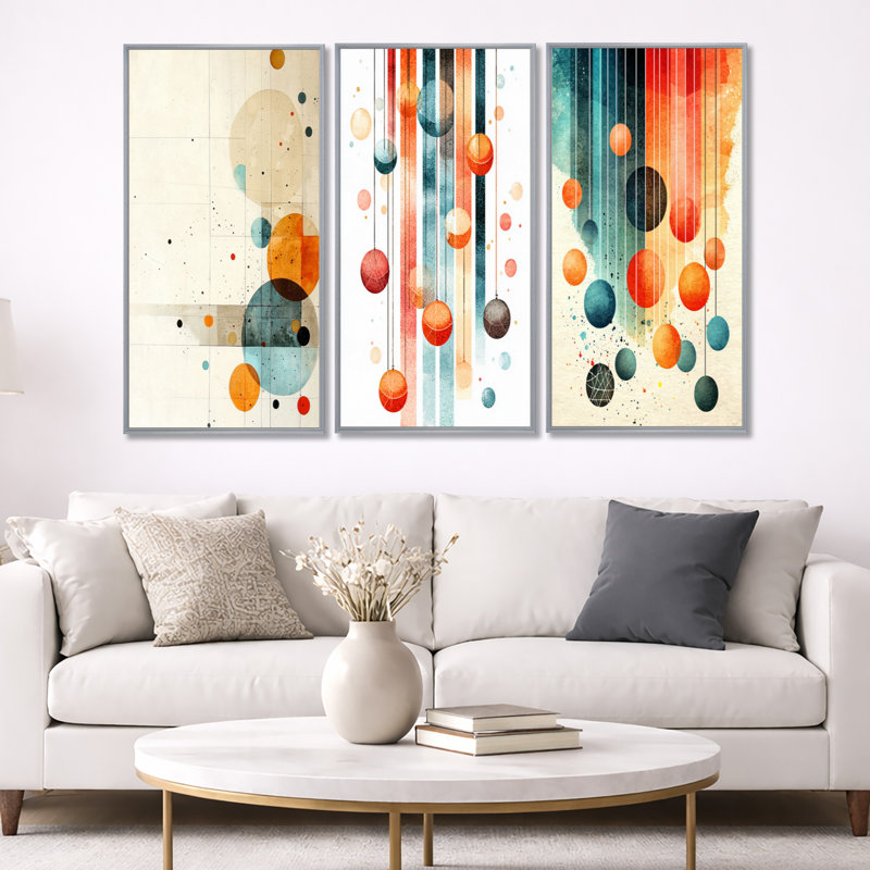 Art mural Mid-Century abstrait de style Mid-Century, H 40 po x l 60 po, Encadrement argenté
