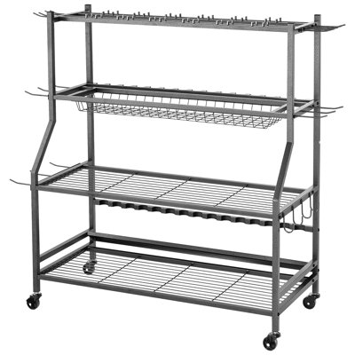Chariot porte-canne à pêche pour le garage avec rangement à 15 poteaux - Organisation multifonctionnelle, cannes à pêche à haute compatibilité, 360 roues robustes mobiles, fer de qualité en noir et argent