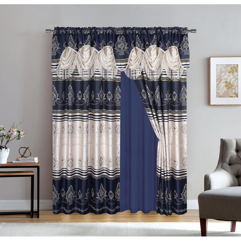 Ensemble de rideaux à 2 attaches avec cantonnière et passe-tringle Luxury Jacquard, Bleu marine