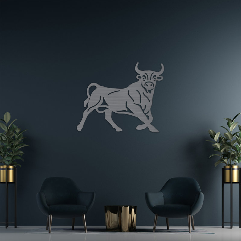 Décoration murale Bull avec lignes - Argent ACM (25,33 po x 32 po), H 25,3 po x l 32 po x P 0,25 po, Noir