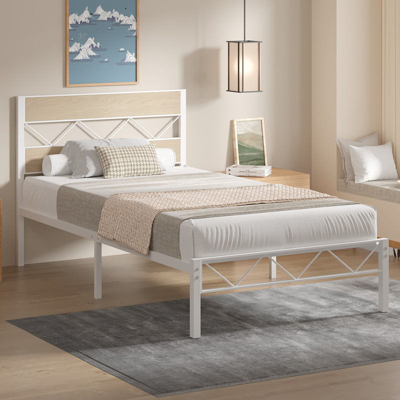 Abere (Set of 2) Twin Size Metal Platform Bed with Rustic Wood Headboard, No Box Spring Needed, Natural Wood/White