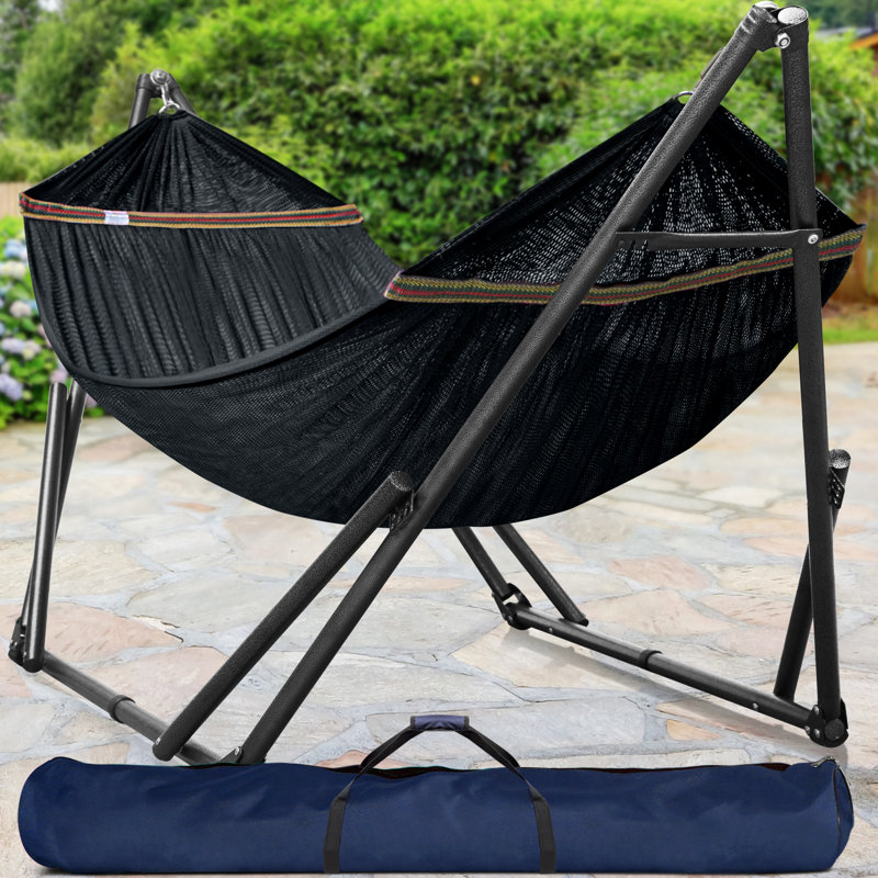 Support pour hamac réglable Tranquillo d'une capacité de 600 lb, support pour hamac double en acier pour 2 personnes, assemblage facile partout, antidérapant et sans bruit, noir