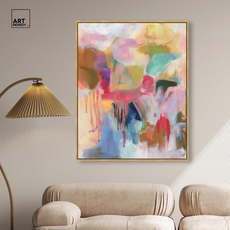 Art avec des couleurs vives, Art contemporain par Art Remedy, H 46 po x l 37 po, Cadre flottant doré