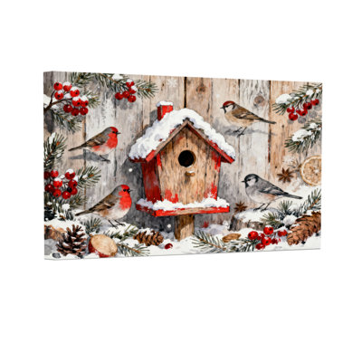 «Christmas Winter Birds Snowy Birdhouse Pinecones Berries», ensemble de 3 impressions sur toile