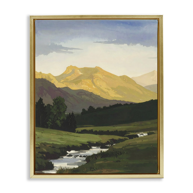Cadre flottant de montagne à travers la vallée, design par Alonza Saunders, H 31 po x l 25 po, Cadre flottant métallique doré