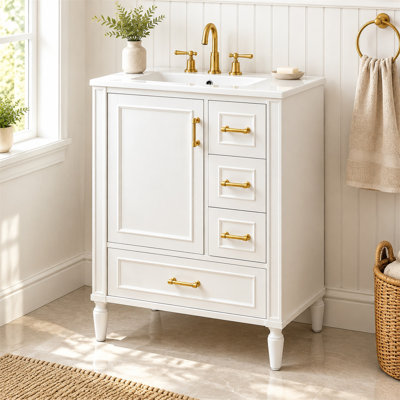 24 Inch Modern Bathroom Vanity with Ceramic Sink, Soft_x001e_Close Door & 3 Drawers, Gold Zinc Alloy Handles, Solid Wood & MDF Cabinet for Small Bathroom, Powder Room