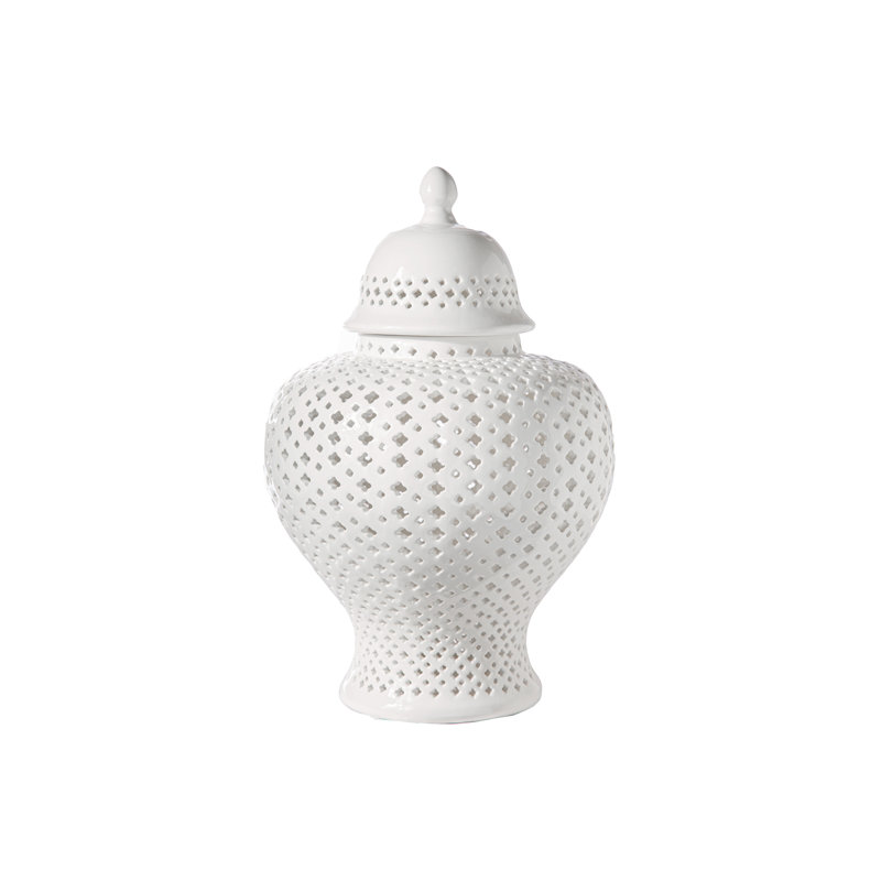 Pot de temple percé rond en céramique avec motif découpé et finition brillante blanc