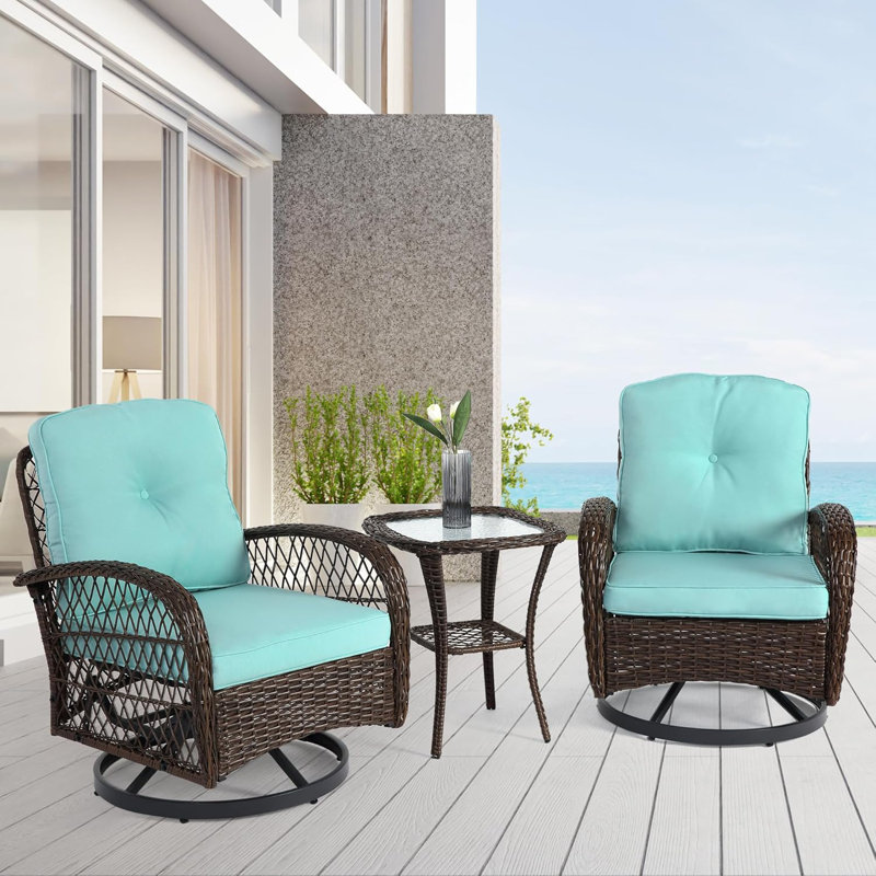 Chaise pivotante en osier pour 2 personnes avec coussins et table d'appoint, Bleu clair, Brun