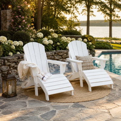 Matte White Folding Adirondack Chair with Safety Chain & Pull-Out Footrest