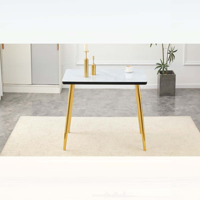 Modern Minimalist Rectangular Dining Table for 4-6 People, Tempered Glass and MDF with Gold Metal Legs, Imitation Marble Texture