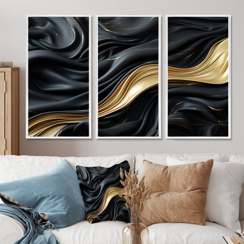 Ensemble de salon doré et noir Soft Wave Fusion - formes abstraites, H 28 po x l 36 po x P 1 po, Cadre flottant blanc