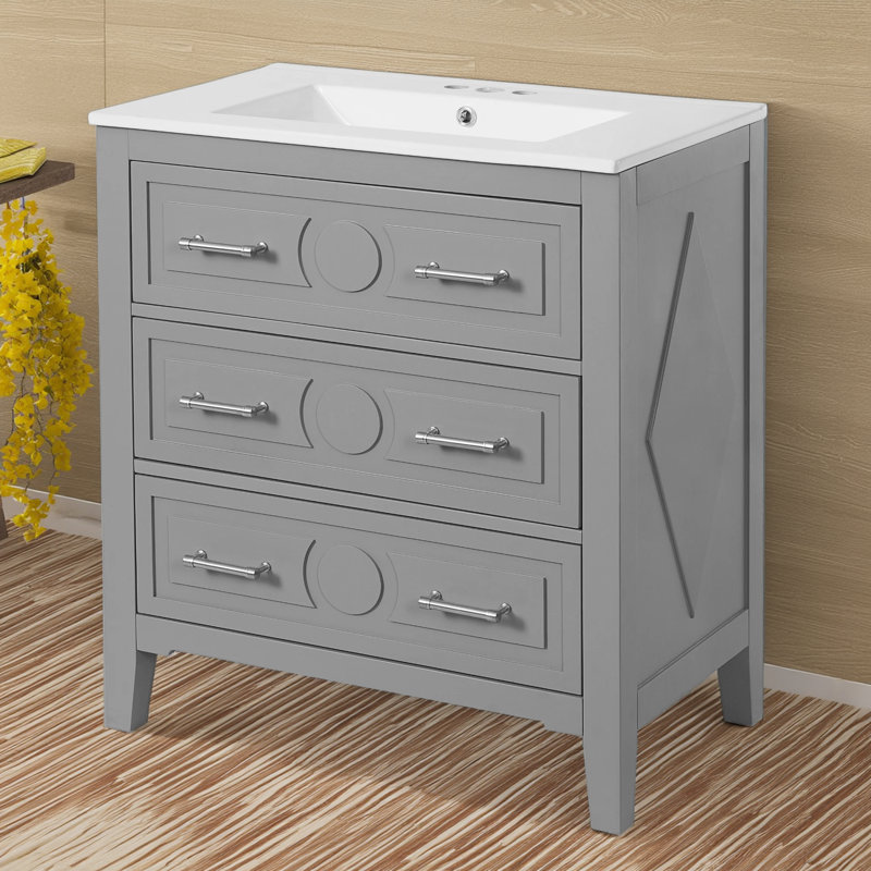 Meuble-lavabo gris de 30 po: conception à une seule unité autoportante, cadre de rangement en bois massif + lavabo en céramique avec 3 tiroirs