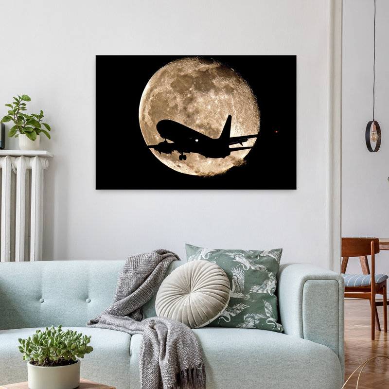 Jet en silhouette devant la lune, paysage abstrait moderne, art mural, H 36 po x l 24 po