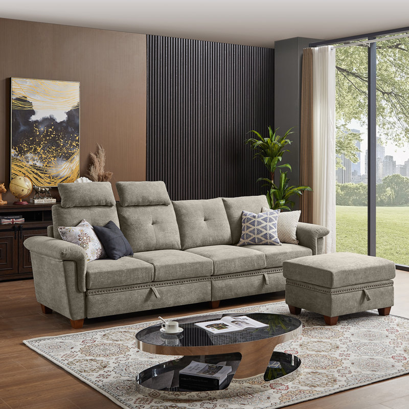 Canapé modulaire 109 po 4 places avec table basse cachée et grand espace de rangement 109 po, 100 % lin beige