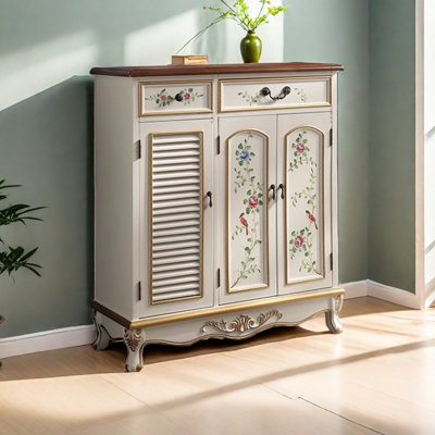 American Vintage Painted Shoe Cabinet 16 Pair Shoe Storage Cabinet