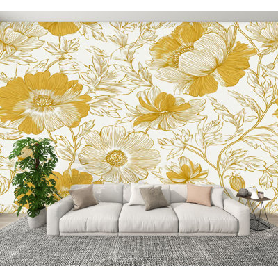 Papier peint auto-adhésif mural 100% floral, jaune, botanique et délicat H 100 po x l 144 po Peel and Stick