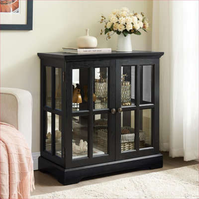 Armoire de rangement vitrée à DEL noir profond, panneau de fibres à densité moyenne et vitrine rétro en verre avec tablettes réglables pour la décoration intérieure et l'organisation