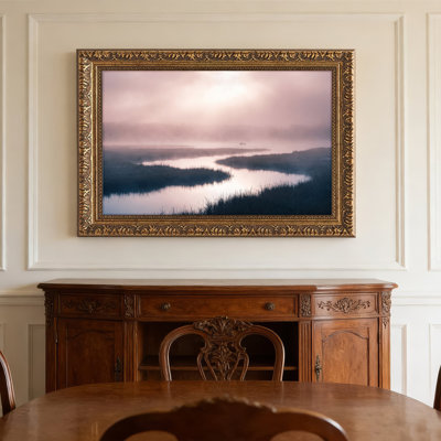 Art mural en toile noyer doré encadré pour le salon, la chambre à coucher, le bureau ou le vestibule - décoration murale décorative avec rivière brumeuse