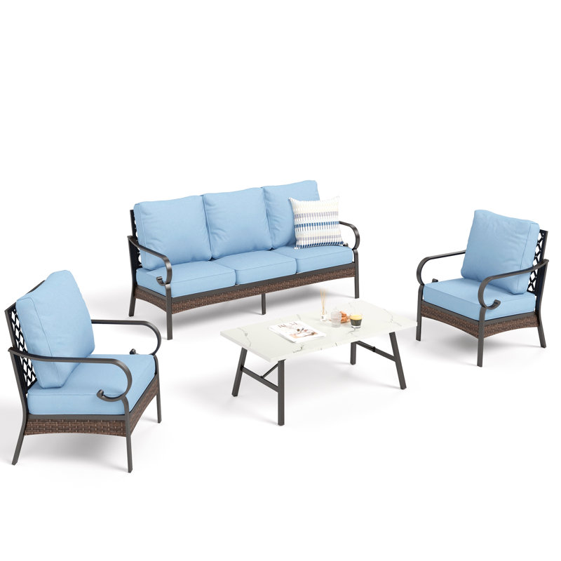 4 Piece Sofa Seating Group With Cushions, Blue