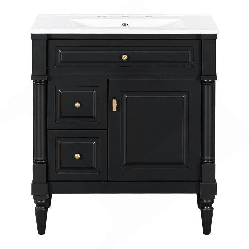 Bathroom Vanity With Sink, Freestanding Wooden Cabinet With Flip Drawer And Adjustable Shelf, Black, 30"