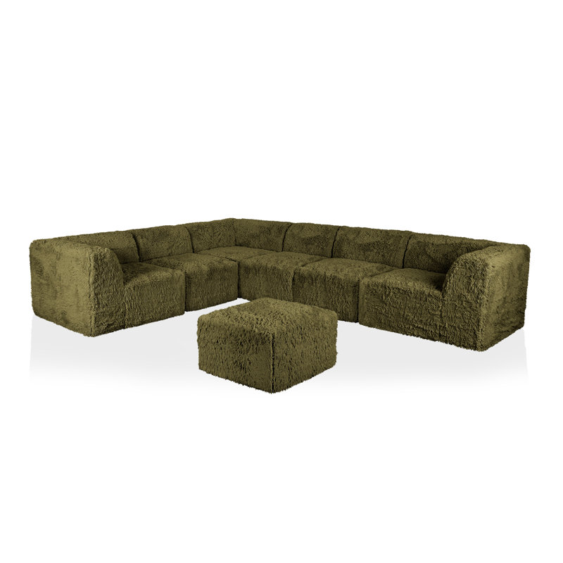 Nola 7-Piece Faux Fur Foam Modular Compressed Sectional Sofa With Ottoman, Green