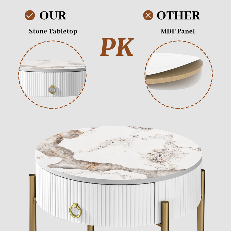 Woodville Drawer End Table with Storage, Gold, White