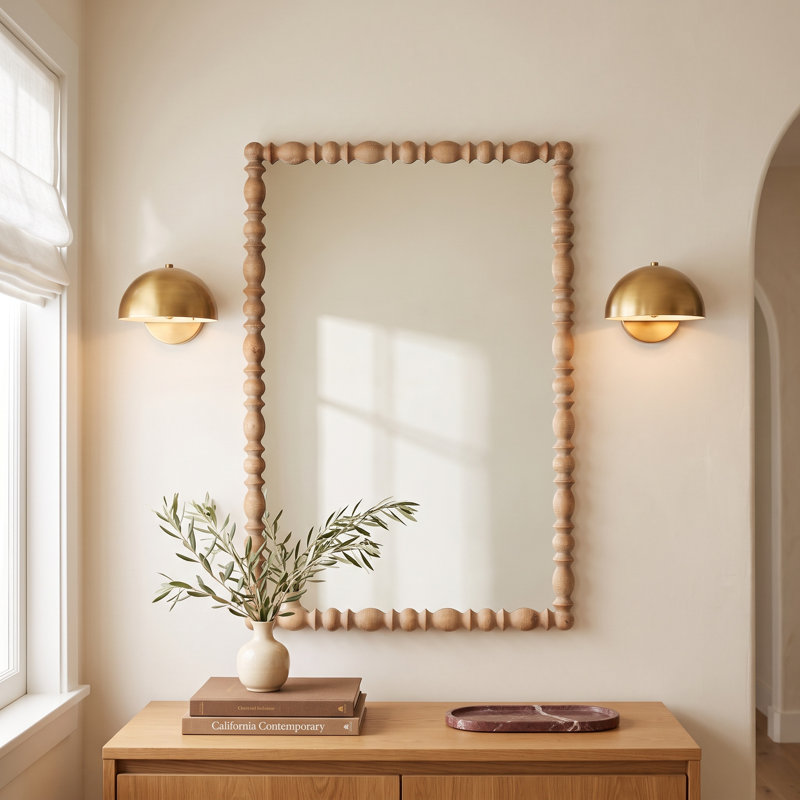 Eloise Beaded Wood Wall Mirror, 33.5" x 23", Brown, Solid Wood