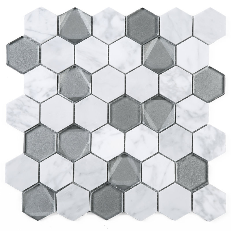 Phantom 11.82 in. x 12.01 in. Hexagon Polished Marble Mosaic Tile, White/Gray