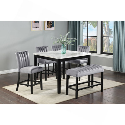 6-Piece Contemporary Counter Height Dining Set Square Faux Marble Table Tope Upholstered Chairs Bench Channel Tufting Wooden Solid Wood Dining Room Kitchen Furniture