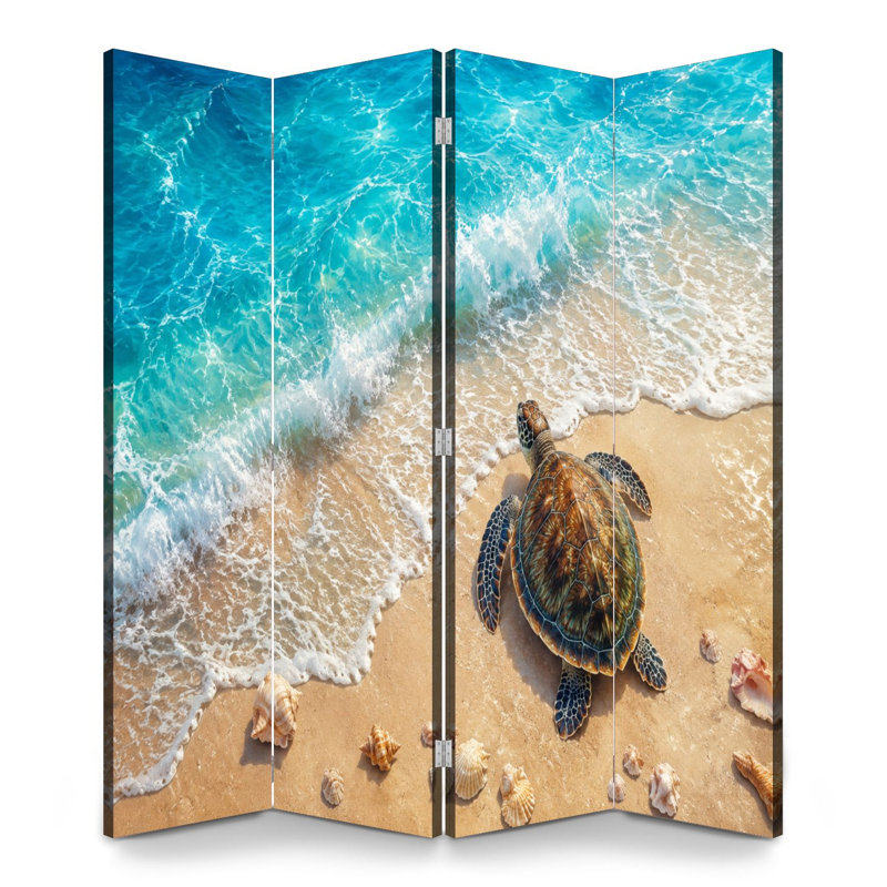 Cloison pliante 4 panneaux paravent Royal Sea Turtle Tropical Beach Turquoise Ocean Waves Seashells Toile écran Séparateur de pièce Autoportant Cloison de protection Cloison d'intimité