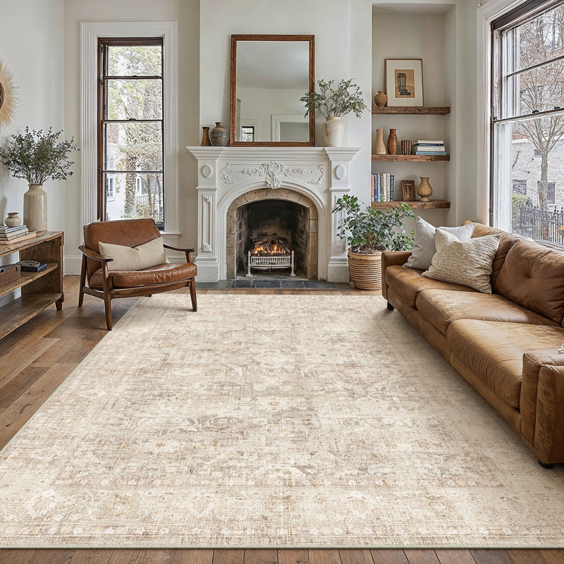 Bremerton Vintage Washable Beige Area Rug With Non-Slip Backing, Rectangle 5' x 7', Beige