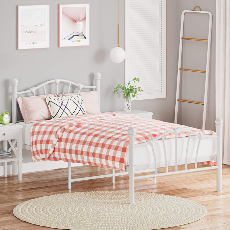 Cadre de lit plateforme simple en métal pour filles, cadre de lit simple avec tête de lit, Blanc