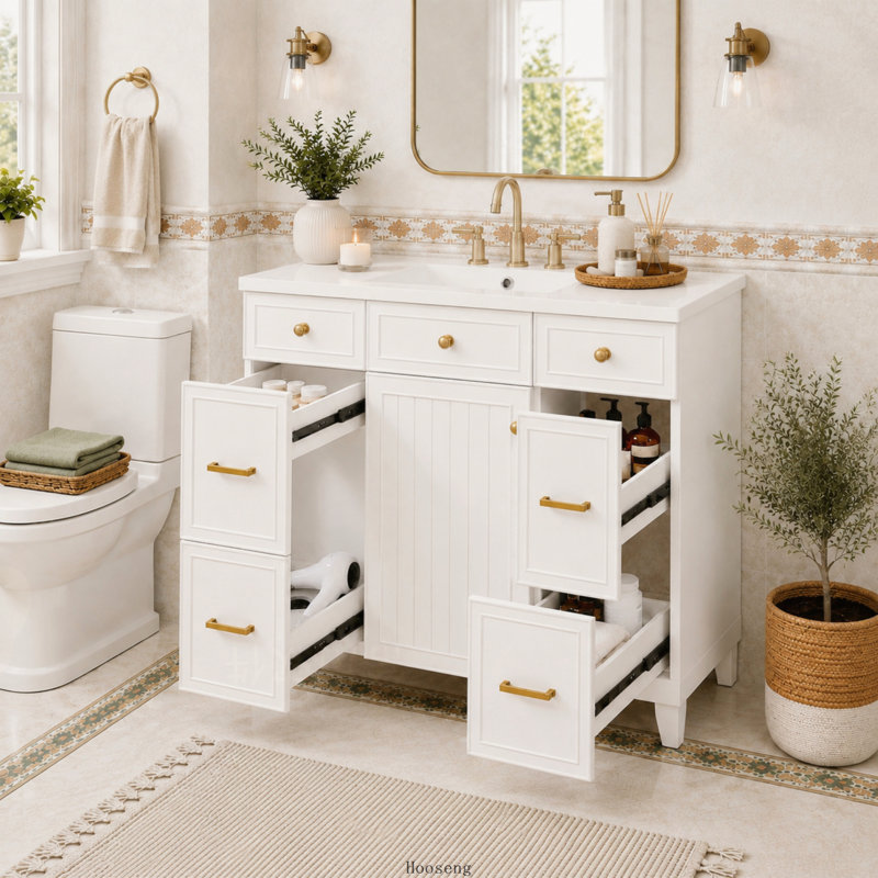 Meuble-lavabo blanc de 91 cm (36 pouces) avec lavabo en céramique, structure en bois massif, portes à fermeture amortie, étagères réglables et 3 tiroirs avec rangement pour sèche-cheveux.