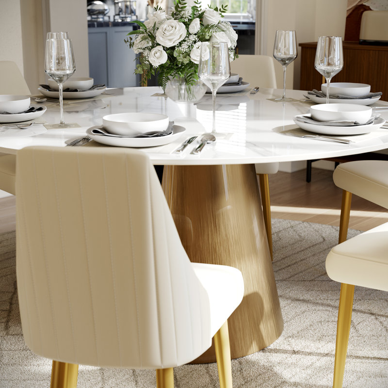 Vera Modern 5/7 Pieces Dining Room Sets, Pre-Assembly Round Dining Table Sets, Sintered Stone Tabletop Kitchen Dining Table Set With PU Upholstered Chairs