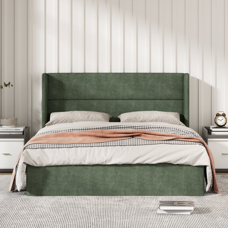 Moss Green Queen Upholstered Platform Bed with Storage