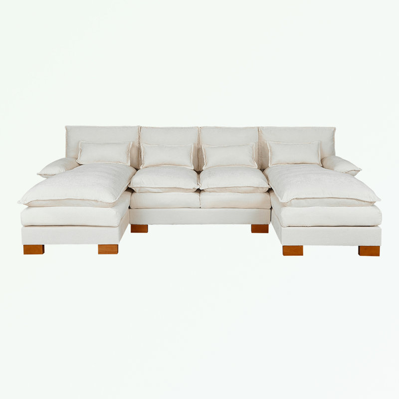 Canapé modulaire en U avec 2 repose-pieds et coussin moelleux, Chenille beige