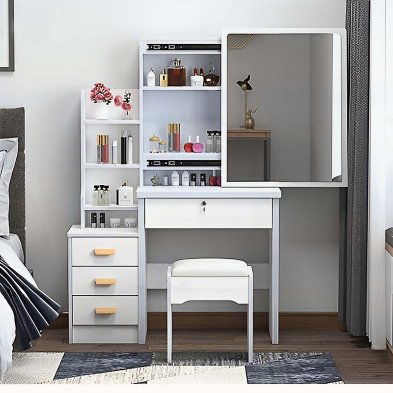 Élégant meuble-lavabo avec miroir à DEL réglable et 4 tiroirs, parfait pour le maquillage et le rangement dans n'importe quelle pièce