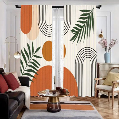 2Pcs Abstract Geometric Botanical Curtains, Mid Century Modern Boho Arch Leaf Pattern  Light Filtering Curtain for Living Bedroom Kitchen Window Drapes