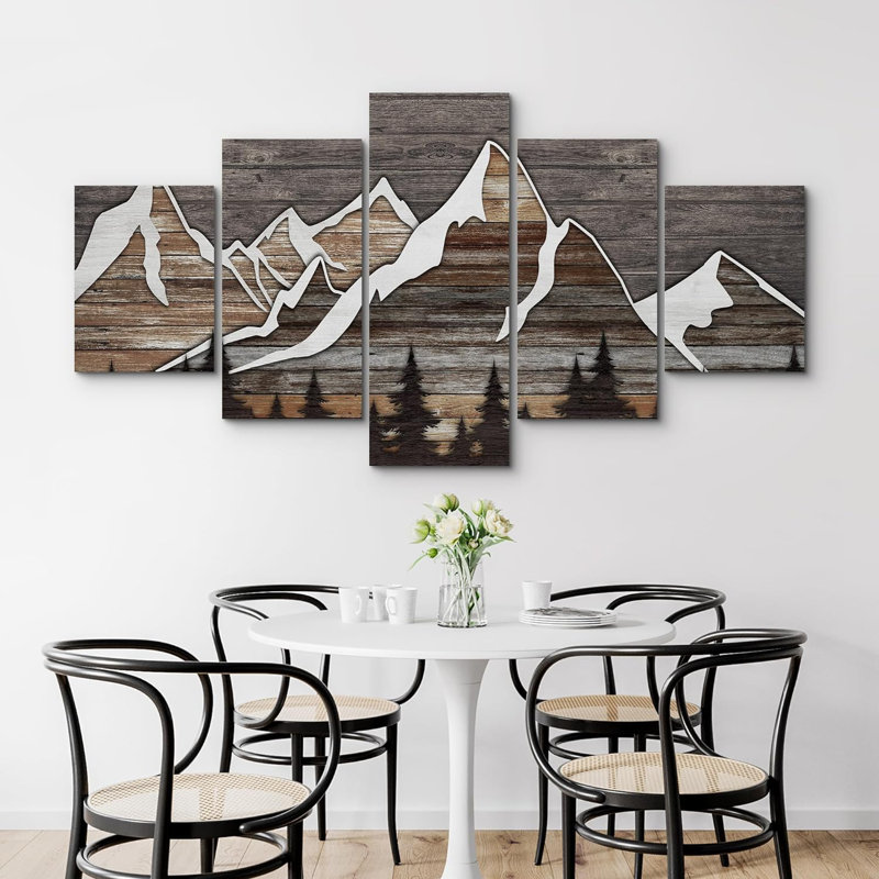 «Western Wood Effect Landscape Brown Mountain», impression sur toile 5 pièces