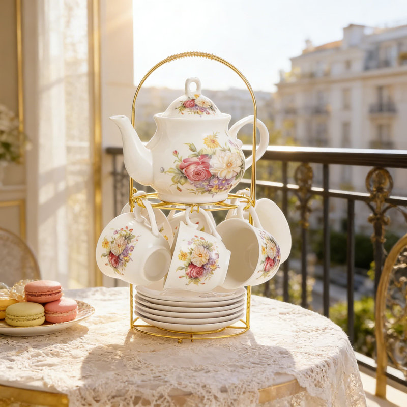 Service à thé en porcelaine 20 pièces avec support en métal doré, service à thé et à café élégant pour la maison, la fête ou comme cadeau