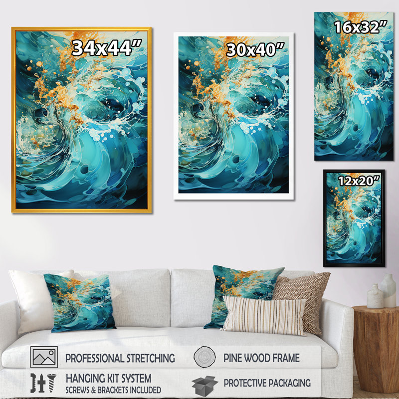 Aqua Dream Rush Flow 3 - Collages abstraits, art mural, Cadre flottant doré, H 40 po x l 30 po x P 1,5 po