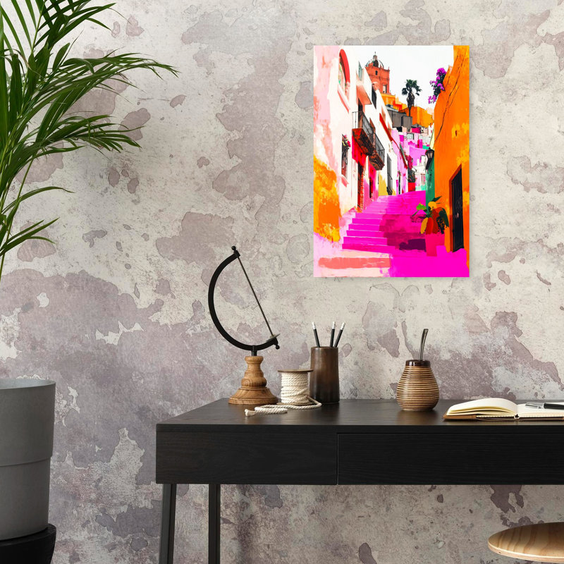 Vibrant Pink City Steps Colorful Vibrant Abstract Architecture City Wall Art Print 1 Piece Wrapped Canvas Wall Art