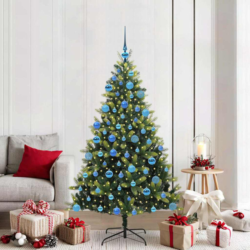 Artificial Hinged Christmas Tree 300 LEDs Green, with Leds & Multicolour Balls, 150 cm