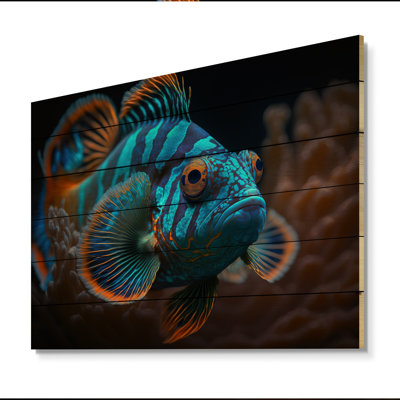 Magnifique poisson mandarine dans des tons de bleu - Art animalier en bois, bois de pin naturel