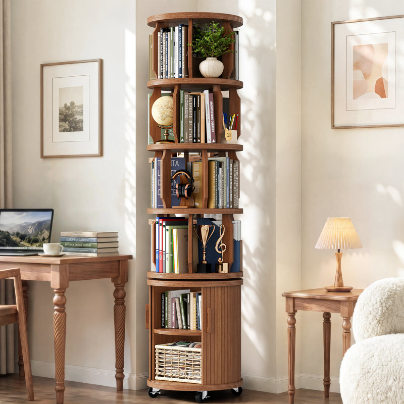 Bibliothèque pivotante à 6 niveaux avec portes, pivotant à 360°, sur roulettes, en bois massif, idéale pour les petits espaces, les coins, les chambres et les bureaux.
