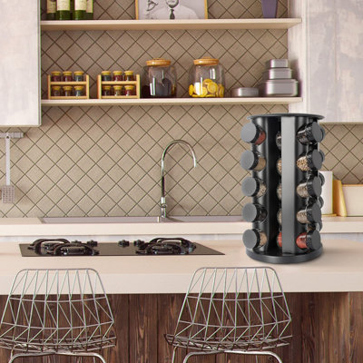 Countertop Rotating Spice Rack, Round Empty 20 Jars Revolving Spice Rack Organizer, 135 Spice Labels With Funnel Complete Set, (Black)