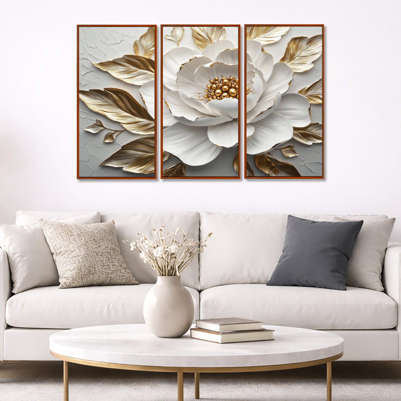 Ensemble de salon art mural pivoines blanches et dorées Bloom III, Toile avec cadre flottant brun, H 28 po x l 36 po x P 1 po