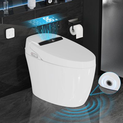 Toilette intelligente, toilette sans réservoir une pièce pour la salle de bain, capteur de pied, siège chauffant, toilettes sans réservoir avec affichage à DEL, couvercle / siège à ouverture automatique, fermeture lente